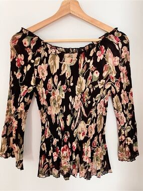 Jaipur Black Floral Pleated Blouse with Pink and Cream Blooms and flared sleeves